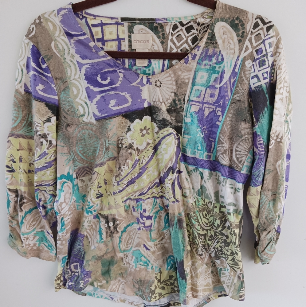 Chicos Floral Tee Top V Neck 3/4 Sleeve